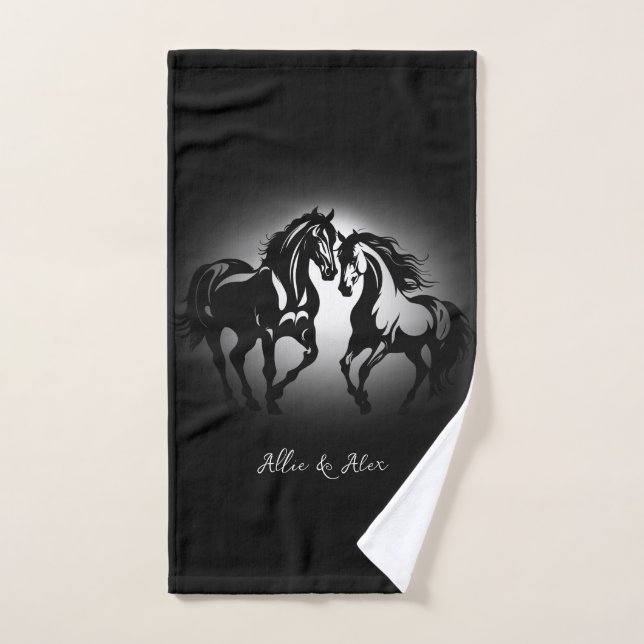 Two horses in love black white horse lover couple hand towel (Hand Towel)