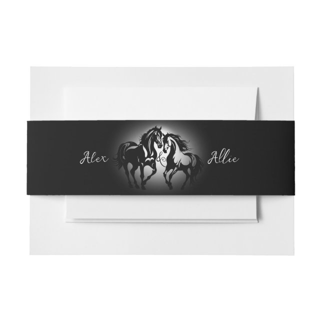 Two horses in love black white horse lover couple invitation belly band (Front Example)