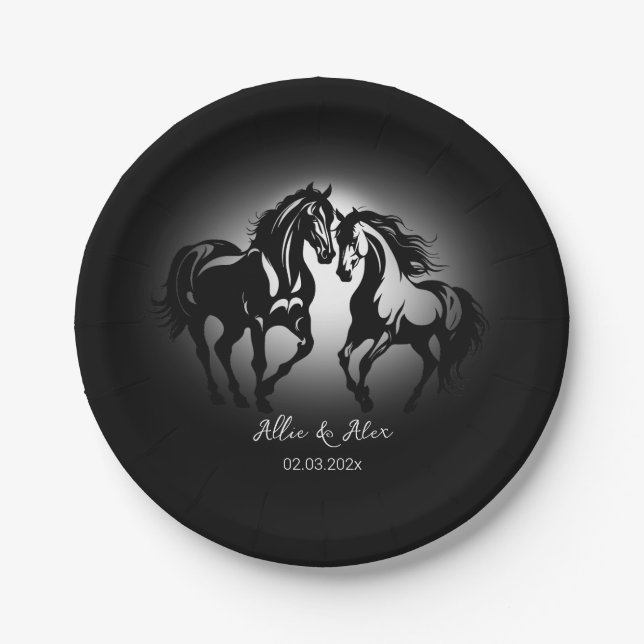 Two horses in love black white horse lover couple paper plate (Front)
