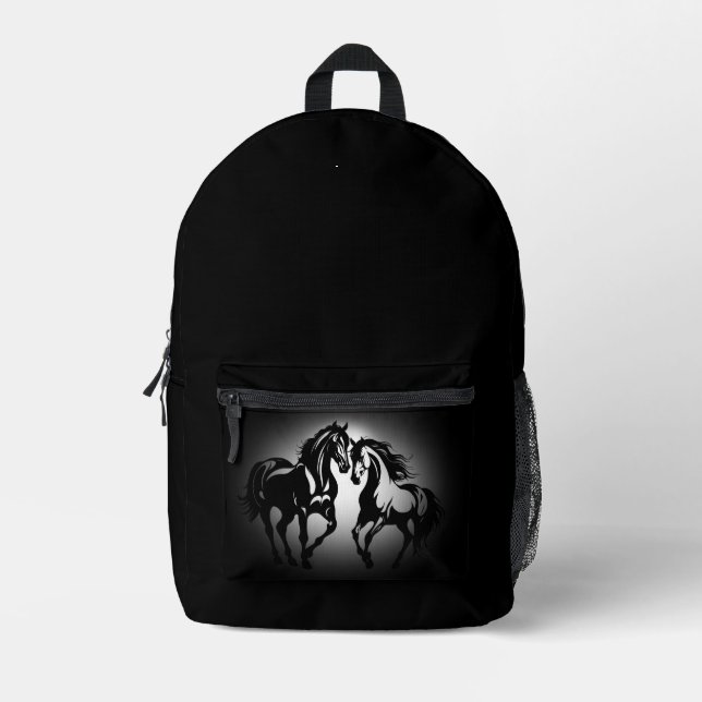 Two horses in love black white horse lover couple printed backpack (Front)