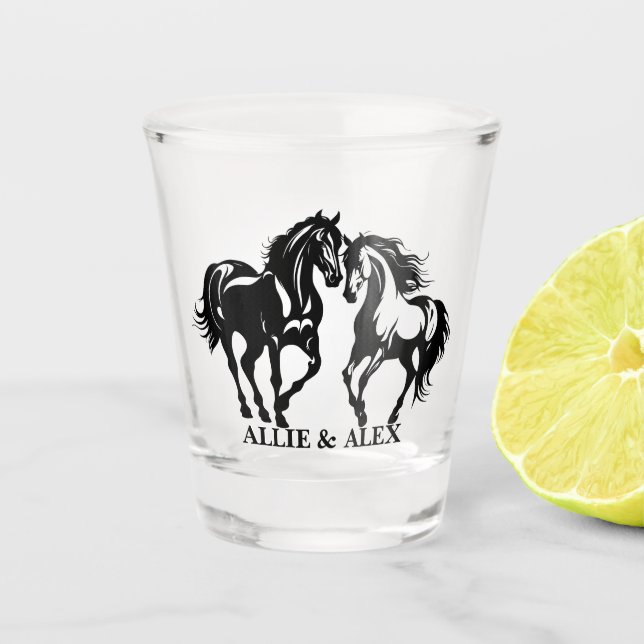 Two horses in love black white horse lover couple shot glass (Front)