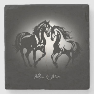 Two horses in love black white horse lover couple stone coaster