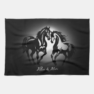 Two horses in love black white horse lover couple tea towel