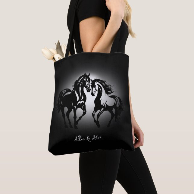 Two horses in love black white horse lover couple tote bag (Close Up)