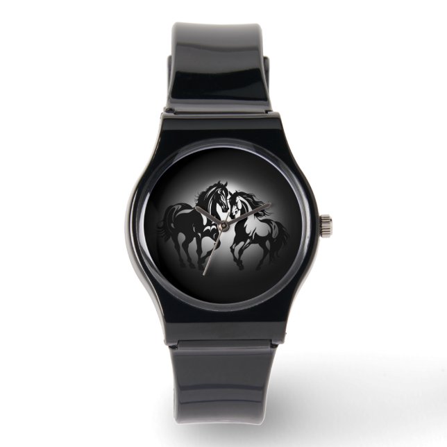 Two horses in love black white horse lover couple watch (Front)