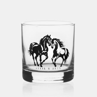 Two horses in love black white horse lover couple whiskey glass