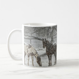 Two Horses in Pasture, Gentle Snowfall Coffee Mug
