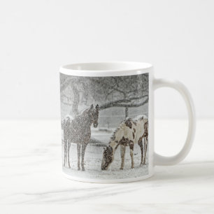 Two Horses in Snowy Pasture in Gentle Snowfall Coffee Mug