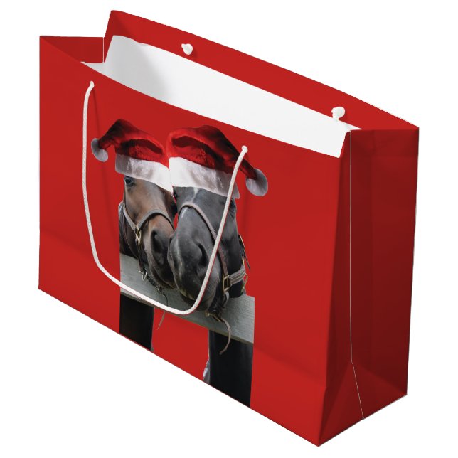 Two Horses Kissing with Santa Claus Hats on Large Gift Bag (Front Angled)