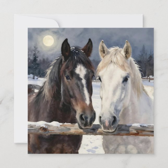 Two Horses on a Snowy Farm | Blank Card (Front)