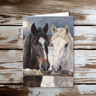 Two Horses on a Snowy Farm Happy Birthday Card