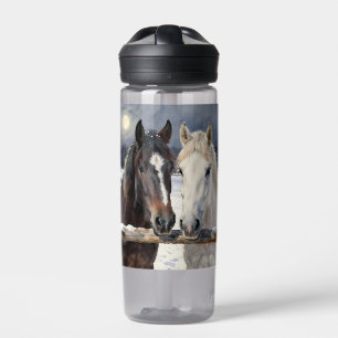 Two Horses on a Snowy Farm Personalized Water Bottle