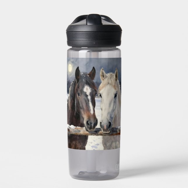 Two Horses on a Snowy Farm | Personalized Water Bottle (Front)