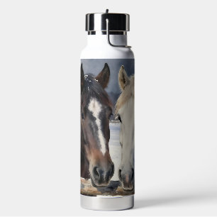 Two Horses on a Snowy Farm Personalized Water Bottle