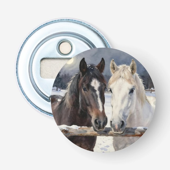 Two Horses on a Snowy Farm Under the Moon Bottle Opener (Front)