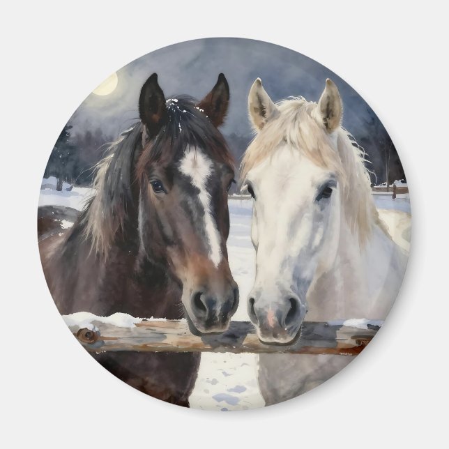 Two Horses on a Snowy Farm Under the Moon Magnet (Front)