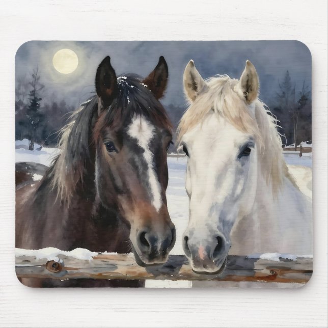 Two Horses on a Snowy Farm Under the Moon Mouse Mat (Front)