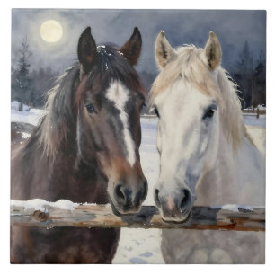 Two Horses on a Snowy Farm Under the Moon Tile