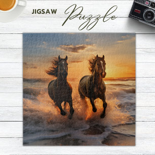 Two horses running on the beach in sunset jigsaw puzzle