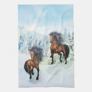 Two Horses Snowy Scene Tea Towel