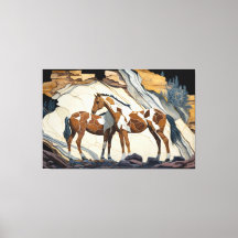 Two Horses Taking a Rest on the Rocks.  Canvas Pri