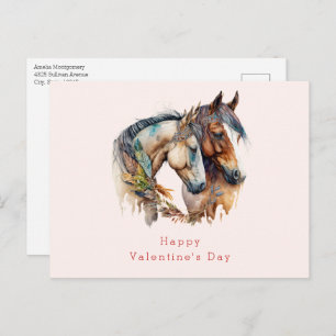 Two Horses with Feather Décor Valentine's Day Holiday Postcard