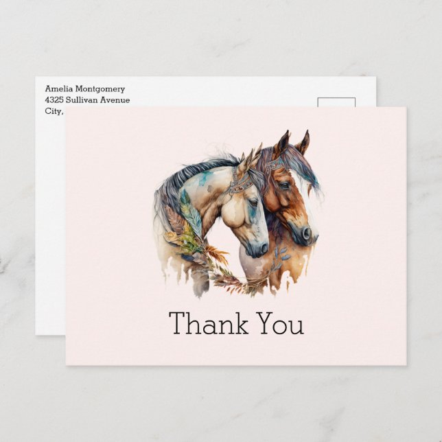 Two Horses with Feather Decorations Boho Thank You Postcard (Front/Back)
