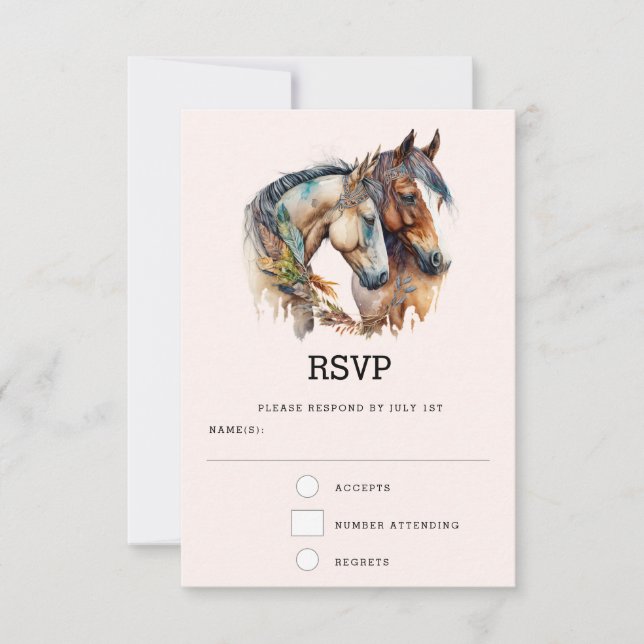 Two Horses with Feather Decorations Boho Wedding RSVP Card (Front)
