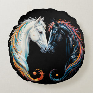 Two Horses with Flowing Multicolored Manes Round Cushion
