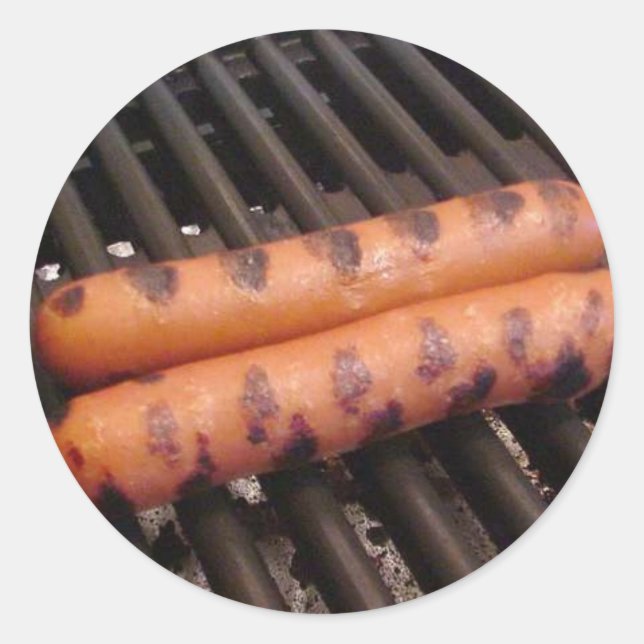 Two Hotdogs Grilling Classic Round Sticker (Front)