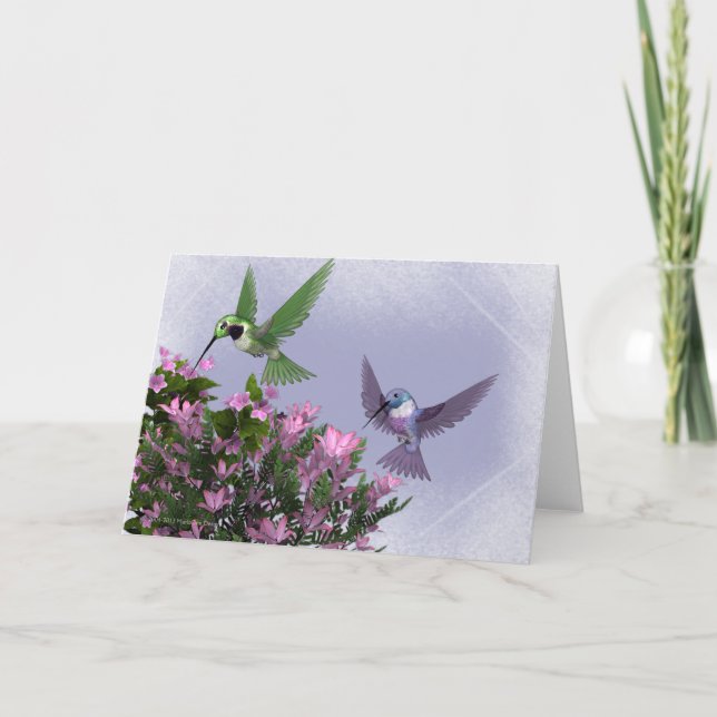 Two Hummingbirds & Pink Bush Blank Greeting Card (Front)