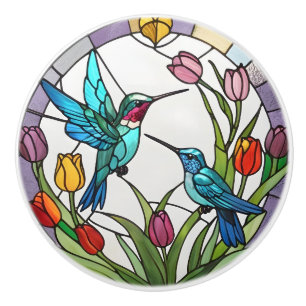 Two Hummingbirds & Tulip Flower Faux Stained Glass Ceramic Knob