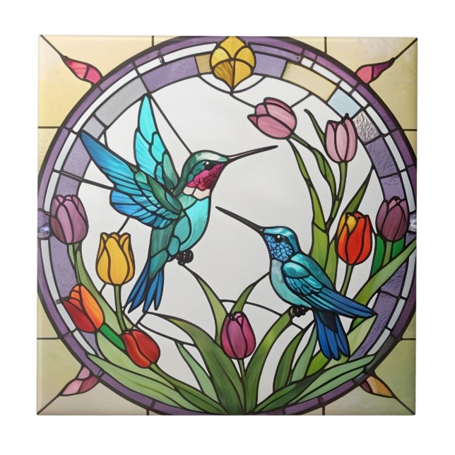 Two Hummingbirds & Tulip Flower Faux Stained Glass Tile (Front)