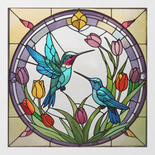 Two Hummingbirds & Tulip Flower Faux Stained Glass Window Cling
