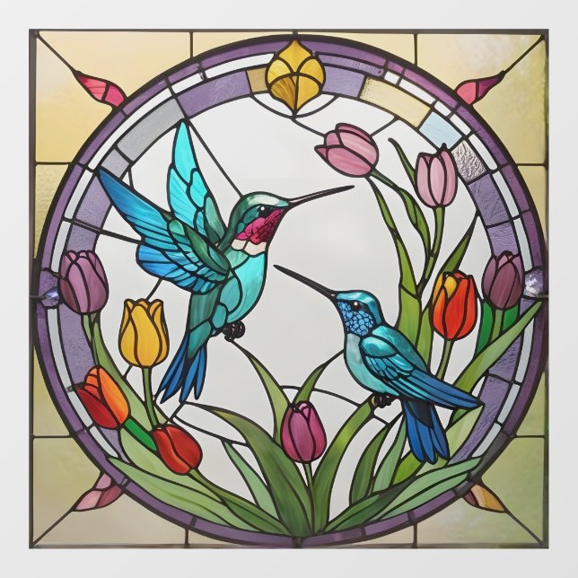 Two Hummingbirds & Tulip Flower Faux Stained Glass Window Cling (Sheet)