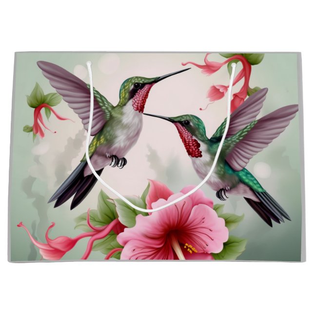Two Hummingbirds with Pink Hibiscus Flower Large Gift Bag (Front)