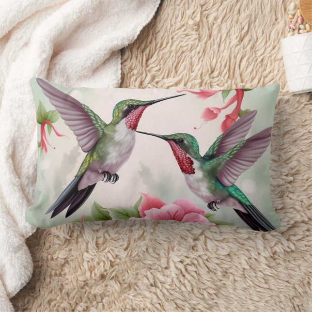 Two Hummingbirds with Pink Hibiscus Flower Lumbar Cushion (Blanket)