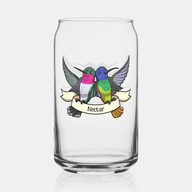 Two Hummingbirds With Text Ribbon Nectar Cartoon Can Glass (Front)