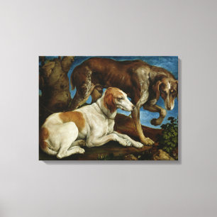 Two Hunting Dogs Tied to a Tree Stump, c.1548-50 Canvas Print