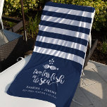 Two if By Sea Personalised Wedding Beach Towel<br><div class="desc">A perfect addition to your wedding welcome bags,  or a sweet personalised honeymoon gift,  this nautical navy and white striped beach towel features "two less fish in the sea" in white brush lettering with two kissing fish. Personalise with the couple's names,  wedding date and location.</div>