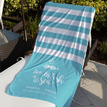 Two if By Sea Personalised Wedding Beach Towel<br><div class="desc">A perfect addition to your wedding welcome bags,  or a sweet personalised honeymoon gift,  this nautical aqua and white striped beach towel features "two less fish in the sea" in white brush lettering with two kissing fish. Personalise with the couple's names,  wedding date and location.</div>