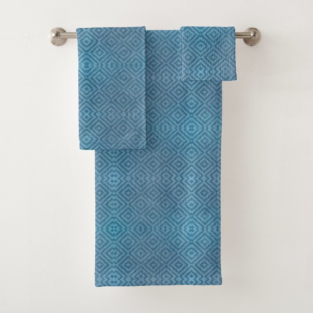 Two images of blue towels with a geometric diamond (Creator Uploaded)
