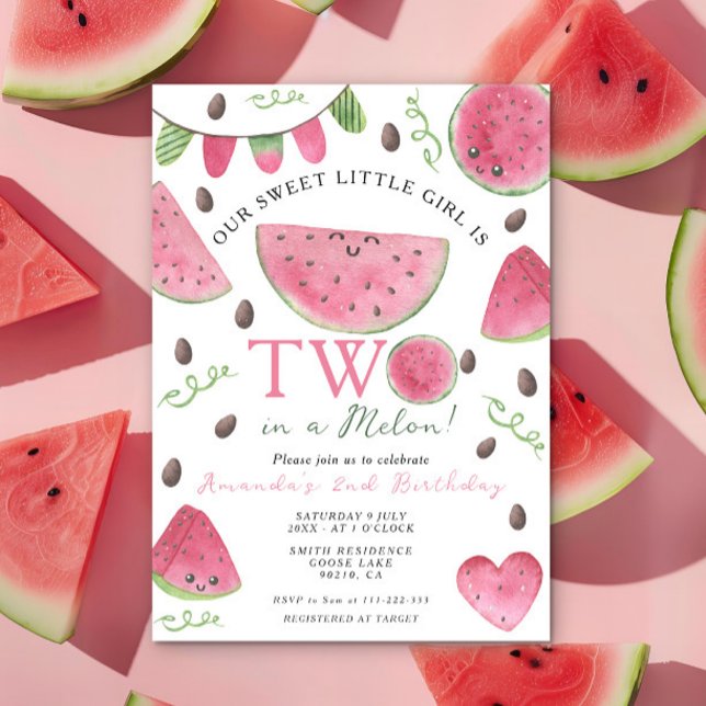 Two in a Melon Cute Watermelon Girl 2nd Birthday Invitation (Creator Uploaded)