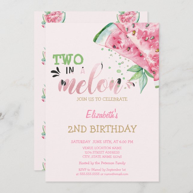 Two In A Melon Watermelons Pink 2nd Birthday   Invitation (Front/Back)