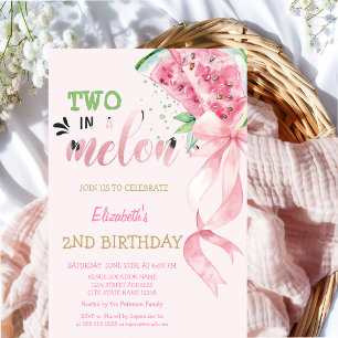 Two In A Melon Watermelons Pink Bow 2nd Birthday Invitation