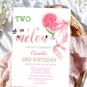 Two In A Melon Watermelons Pink Bow 2nd Birthday Invitation