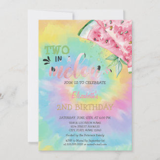 Two In A Melon Watermelons Tye Dye 2nd Birthday  Invitation