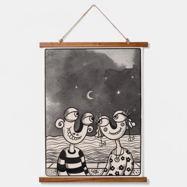 Two In love ink Drawing  Hanging Tapestry (Front)