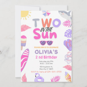 Two In The Sun Pink Girl Beach 2 nd Birthday Party Invitation