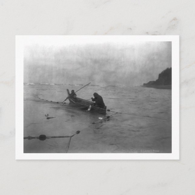 Two Indians Fishing on Lake Quinault on Canoe Postcard (Front)